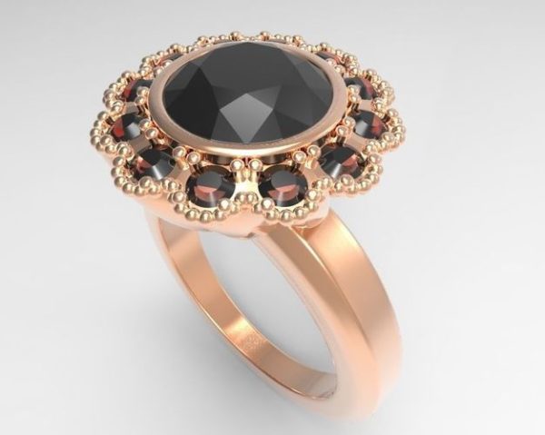 Engagement Ring with One large stone circled by 12 smaller stones in 14kt Gold